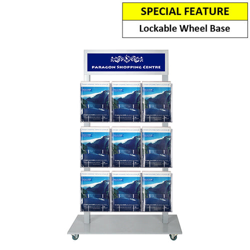 Foyer stand, double sided silver, header + 9 A4 Holder